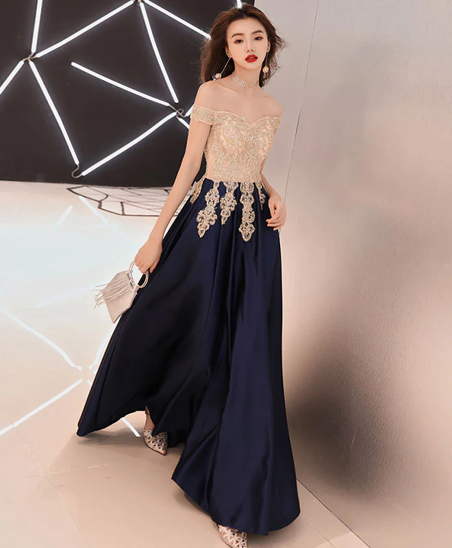 Dark Blue Sweetheart Lace Satin Long Prom Dress, Blue Evening Dress - Deanwangkt