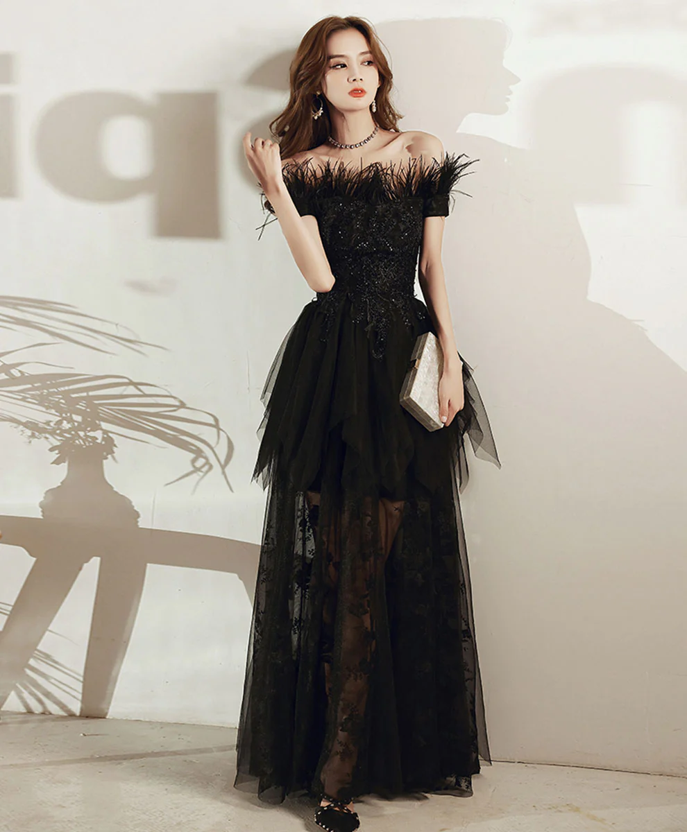 Black Tulle Lace Long Prom Dress, Black Formal Lace Evening Dress - Deanwangkt