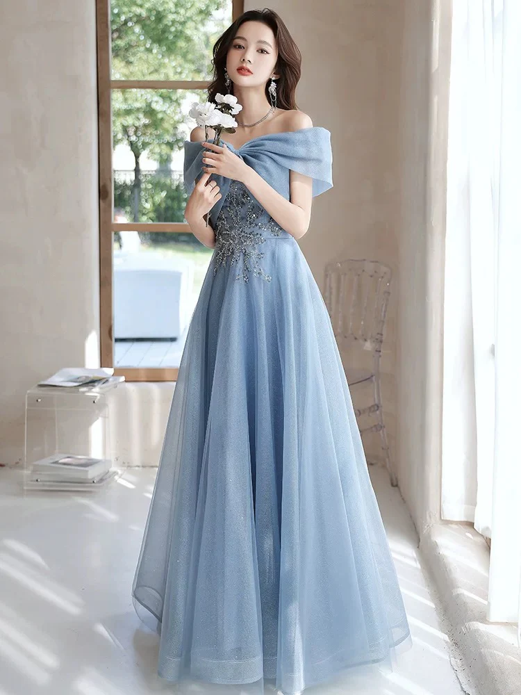 A-Line Off Shoulder Tulle Gray Blue Long Prom Dress, Gray Blue Long Formal Dress - Deanwangkt