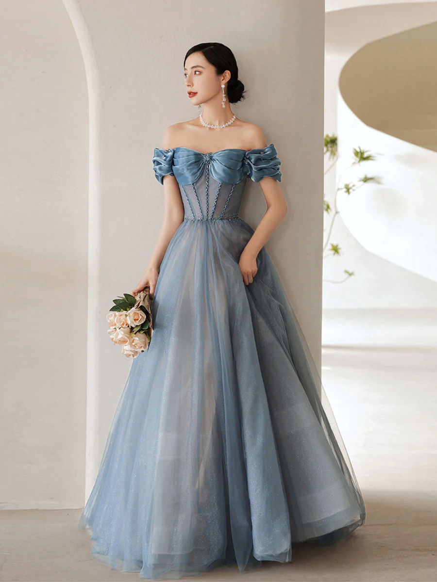 Blue Sweetheart Off Shoulder Tulle Long Prom Dress Blue Formal Dress - Deanwangkt