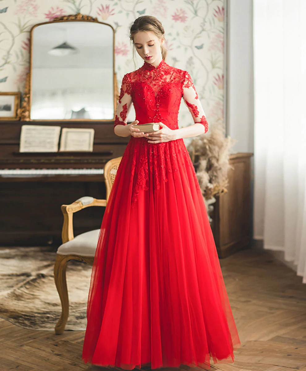 Red High Neck Tulle Lace Long Prom Dress, Red Lace Formal Dress - Deanwangkt