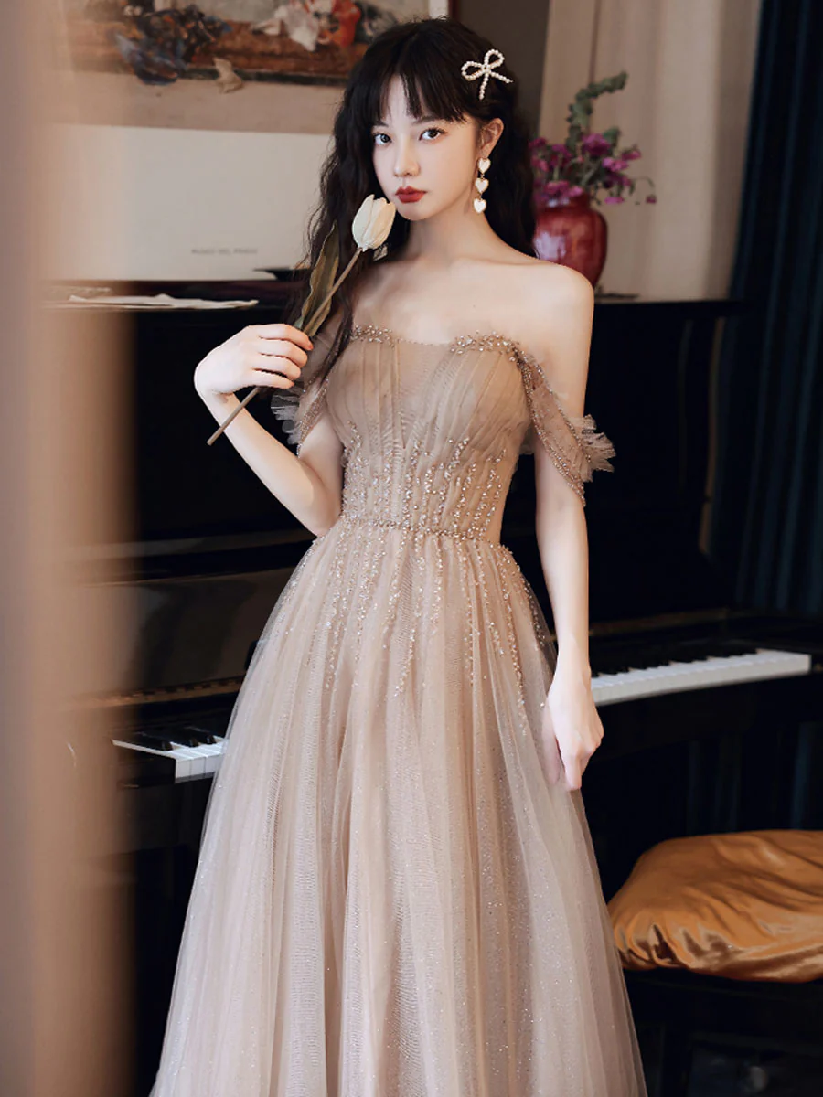 Champagne A line Tulle Beads Long Prom Dress, Champagne Evening Dresses - Deanwangkt
