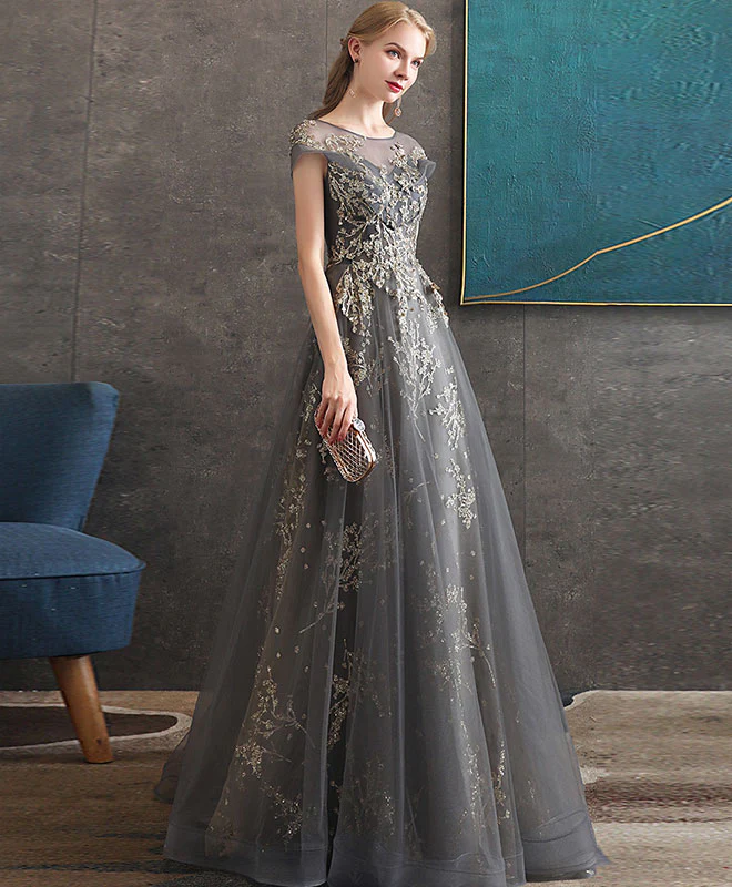 Gray Round Neck Tulle Lace Long Prom Dress Gray Tulle Formal Dress - Deanwangkt