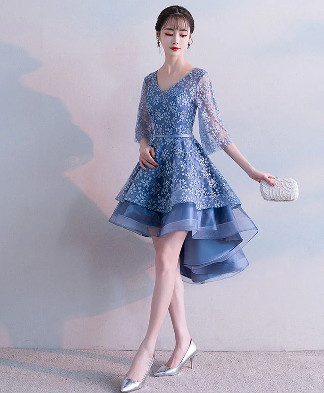 Blue V Neck Lace Short Prom Dress, Blue Lace Homecoming Dress - Deanwangkt