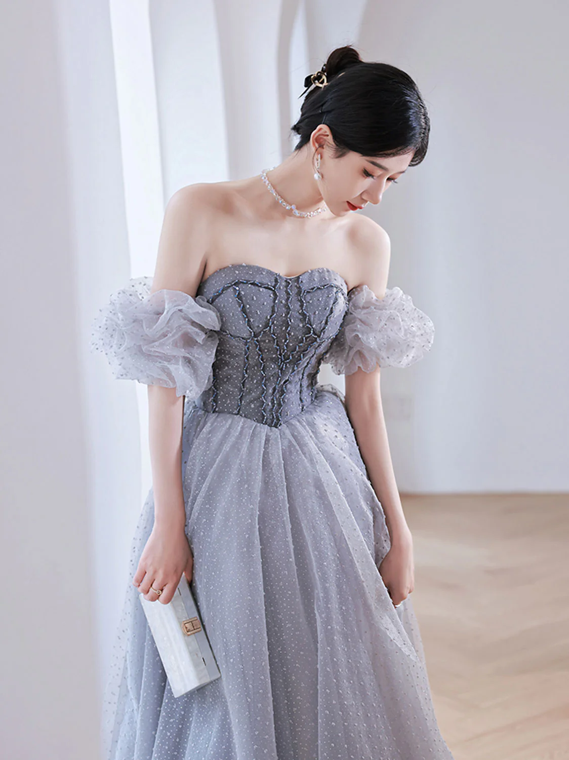 Gray Aline Tulle Gray Long Prom Dresses, Aline Gray Tulle Formal Evening Dresses - Deanwangkt