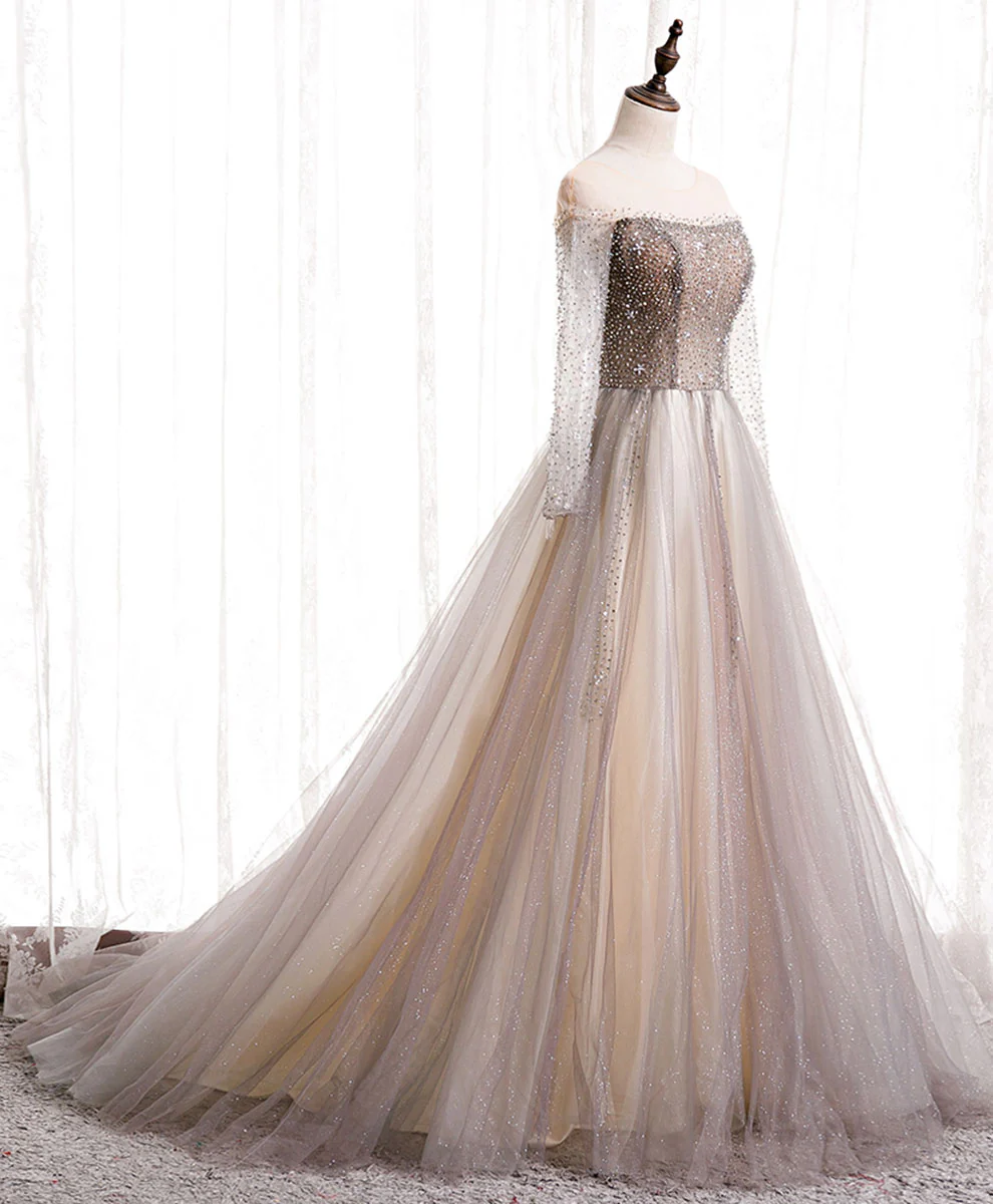 Light Champagne Long Prom Dress, A line Sequin Formal Evening Party Dress - Deanwangkt