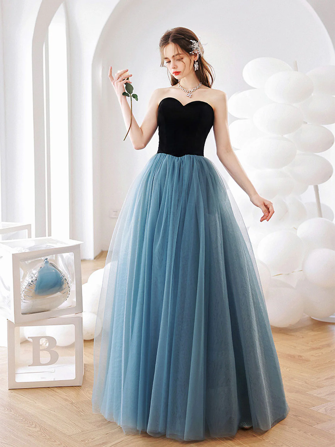 Aline Blue Tulle Long Prom Dress, Blue Long Graduation Dresses - Deanwangkt