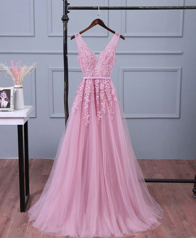 Pink V Neck Lace Tulle Long Prom Dress, Lace Evening Dresses - Deanwangkt