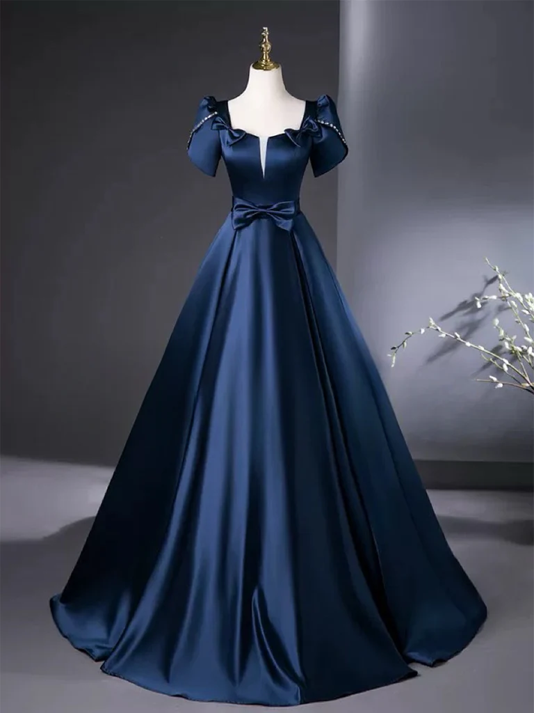 A-Line Satin Dark Blue Long Prom Dress, Dark Blue Long Formal Dress - Deanwangkt