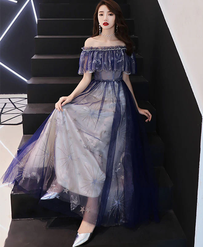 Blue Tulle Lace Tea Length Prom Dress, Blue Tulle Evening Dress - Deanwangkt