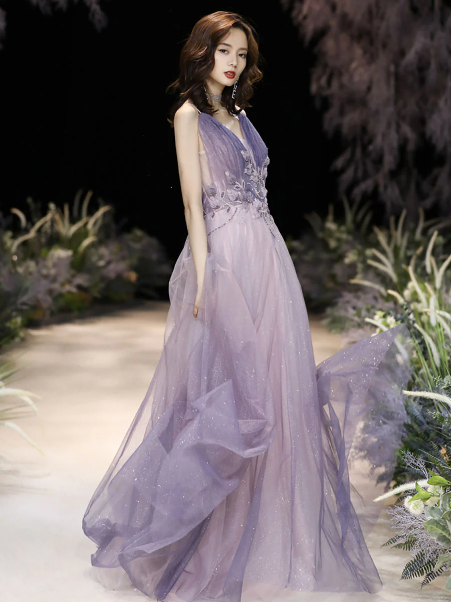 Purple V Neck Tulle Long Prom Dress, Purple Evening Dress - Deanwangkt