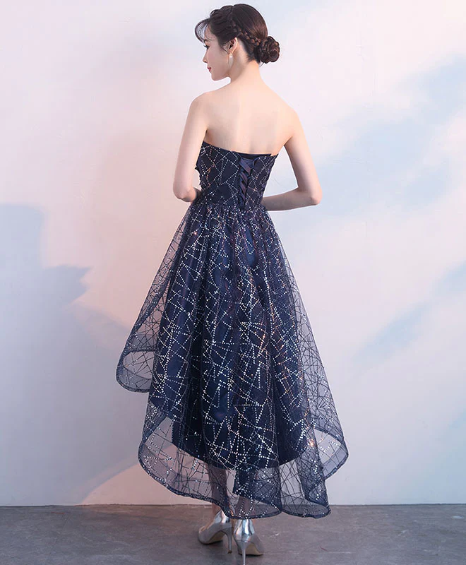 Dark Blue Tulle Sequin High Low Prom Dress, Blue Evening Dress - Deanwangkt