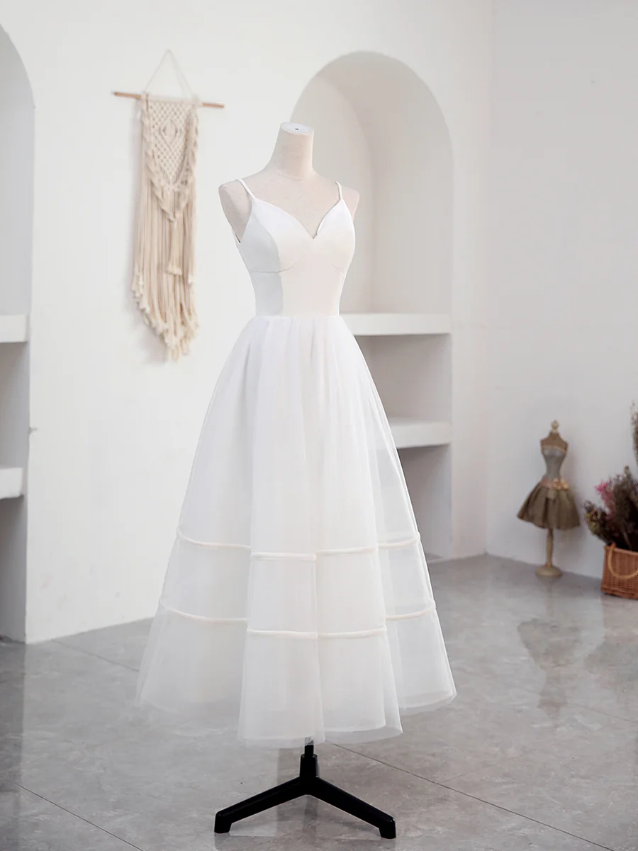 Simple V Neck Tulle Tea Length White Prom Dress, White Bridesmaid Dress - Deanwangkt