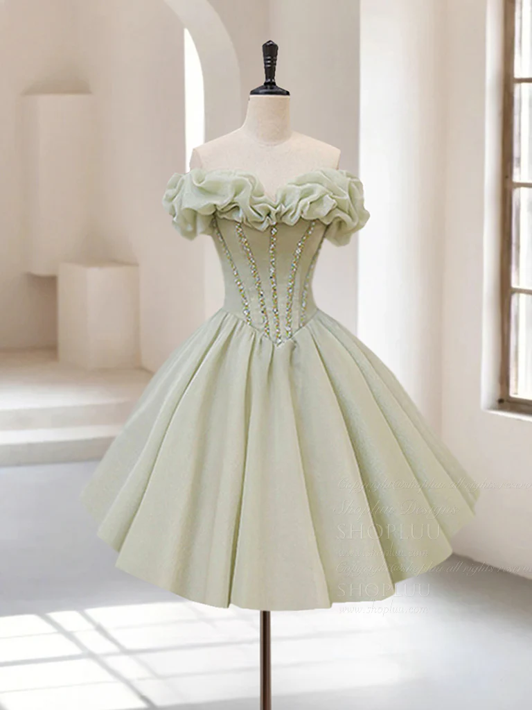 A-Line Off Shoulder Organza Green Short Prom Dress,Cute Homecoming Dress with Beads - Deanwangkt