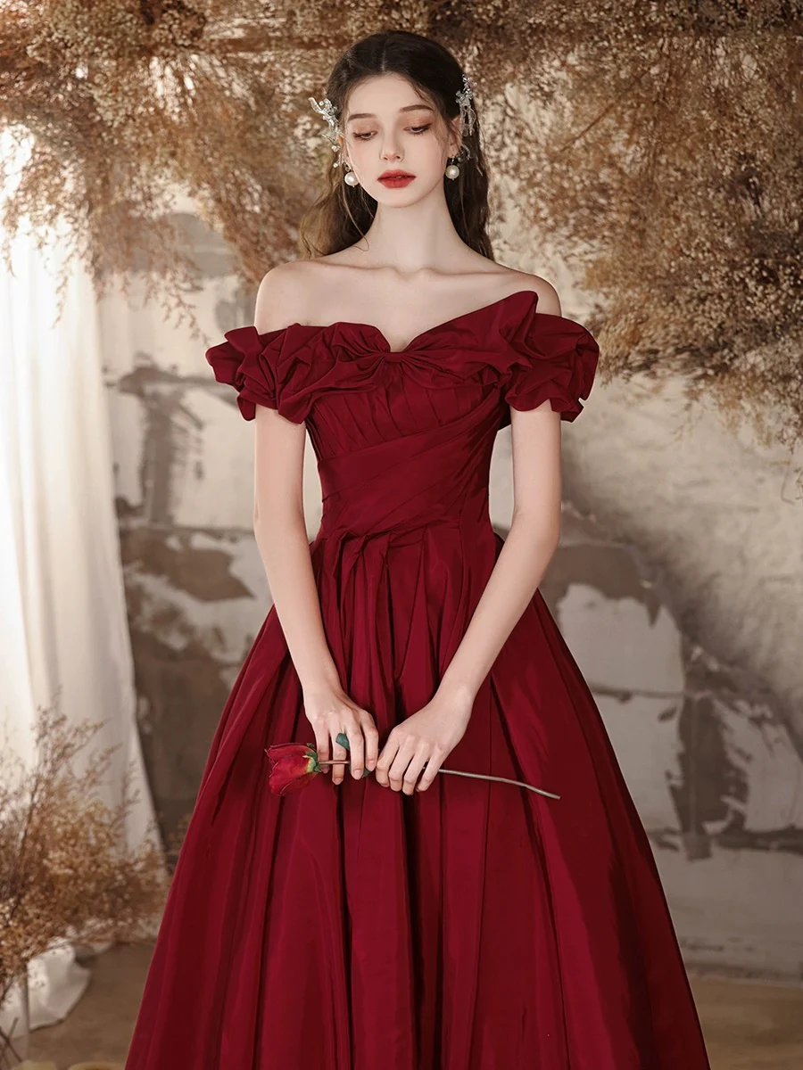 A-Line Off Shoulder Satin Burgundy Long Prom Dress, Burgundy Long Formal Dress - Deanwangkt