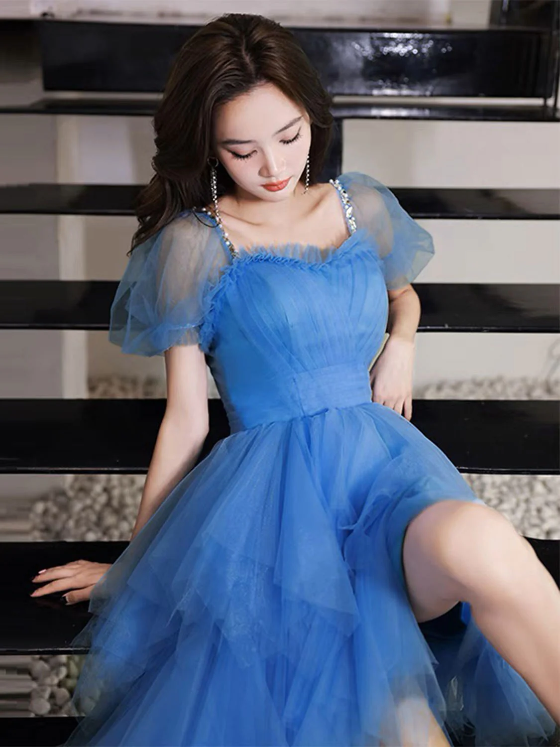 Blue High Low Tulle Prom Dresses, Blue Formal Graduation Dresses - Deanwangkt