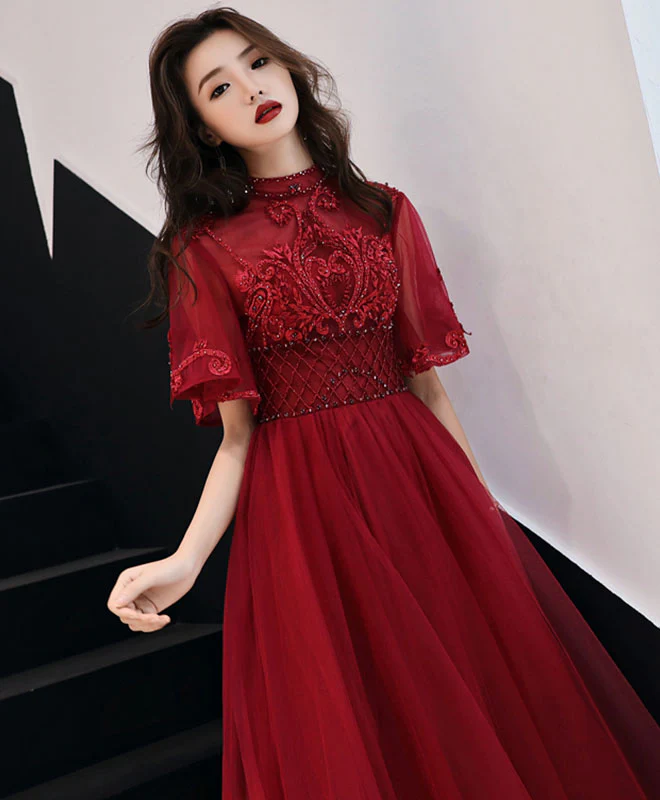 Burgundy Tulle Lace Long Prom Dress, Burgundy Evening Dress - Deanwangkt