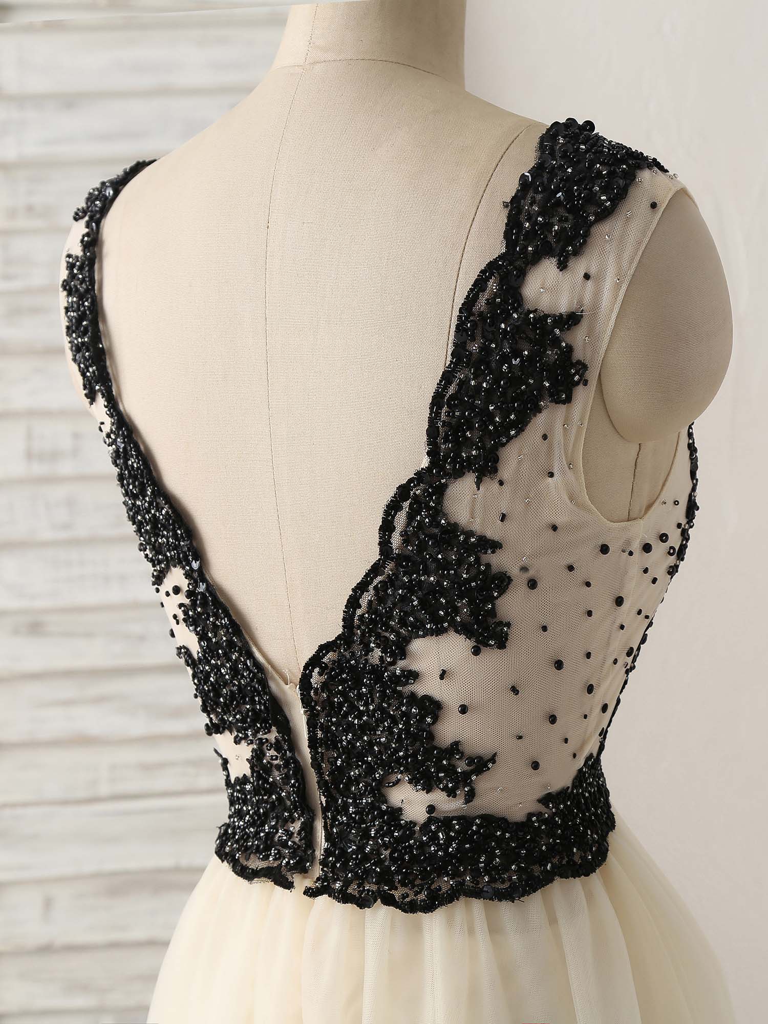 Light Champagne V Neck Beads Tulle Long Prom Dress, Champagne Formal Dress - Deanwangkt