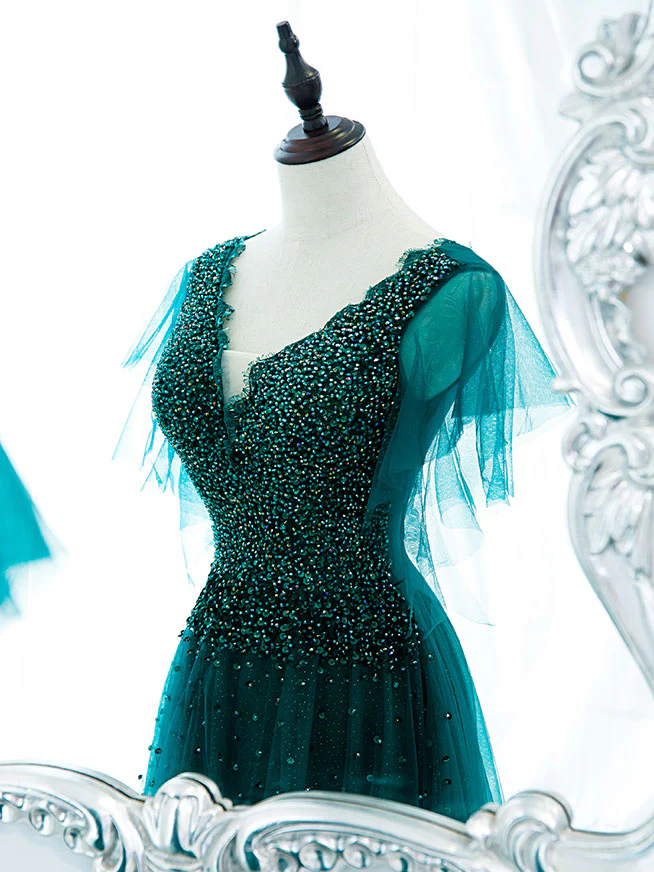 Green V Neck Sequin Beads Long Prom Dress, Green Formal Bridesmaid Dresses - Deanwangkt