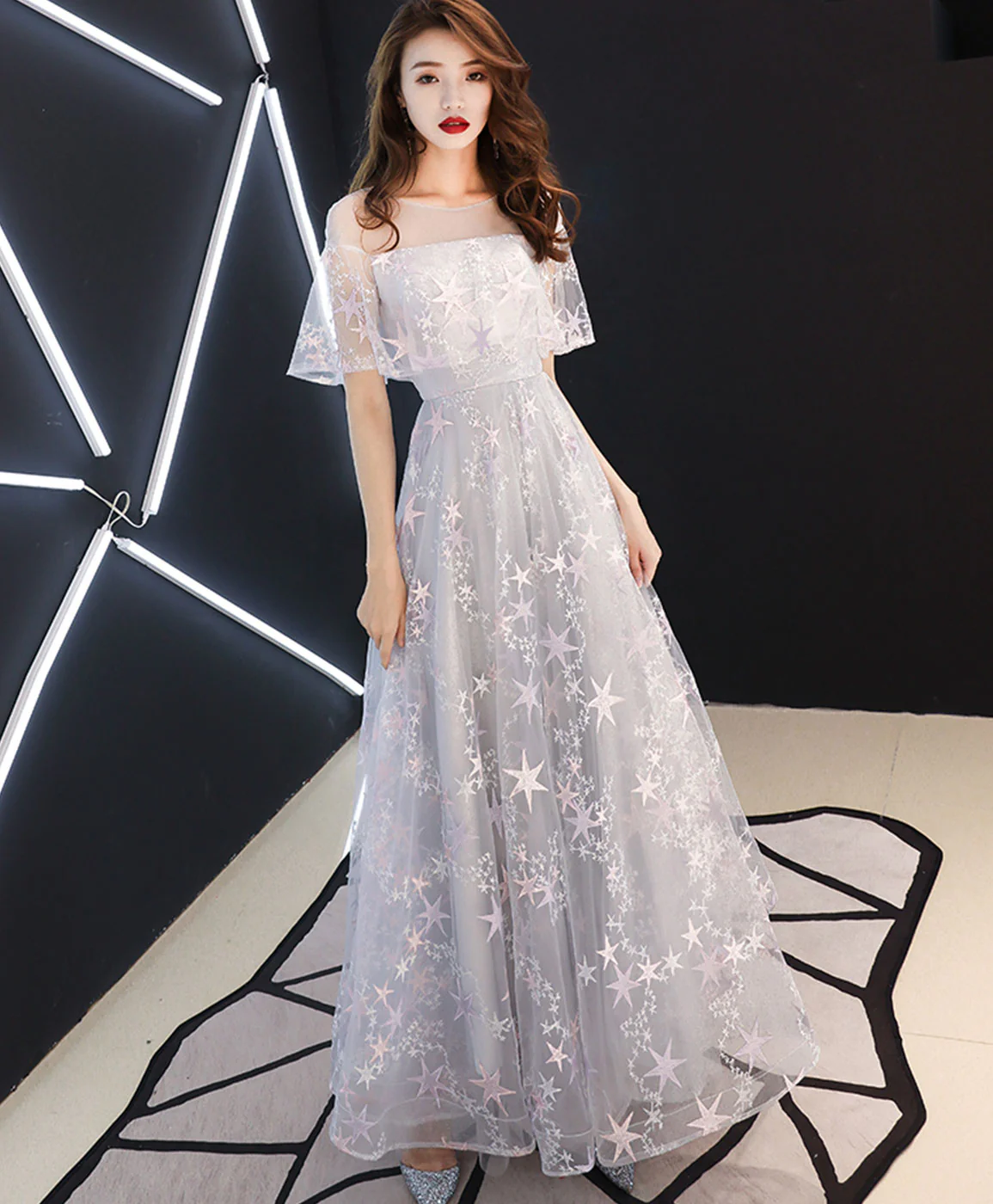 Gray Tulle Lace Long Prom Dress Gray Tulle Formal Dress - Deanwangkt