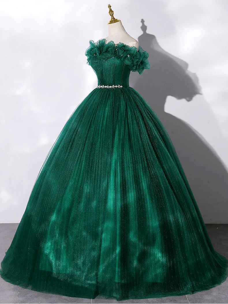 Green Off Shoulder Tulle Long Prom Dress, Green Sweet 16 Dress - Deanwangkt