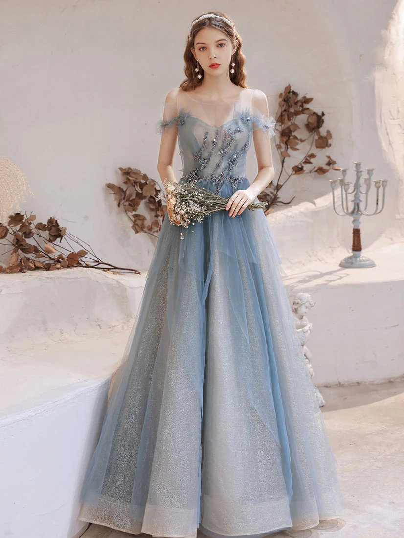 Blue Tulle Off Shoulder Beads Long Prom Dress, Blue Tulle Formal Dress - Deanwangkt