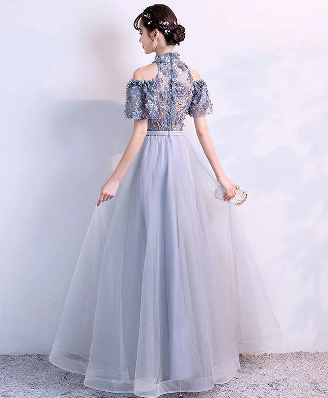 Unique Gray Tulle Applique Long Prom Dress, Gray Tulle Evening Dress - Deanwangkt
