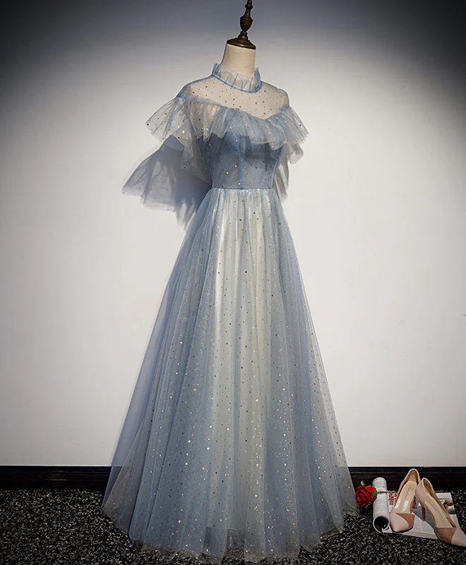 Light Gray Blue Tulle Lace Long Prom Dress, Gray Blue Tulle Evening Dress - Deanwangkt