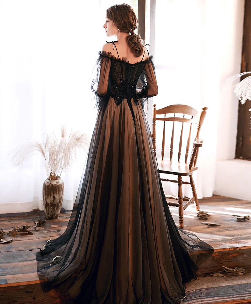 Black Tulle Lace Long Prom Dress Black Lace Evening Dress - Deanwangkt