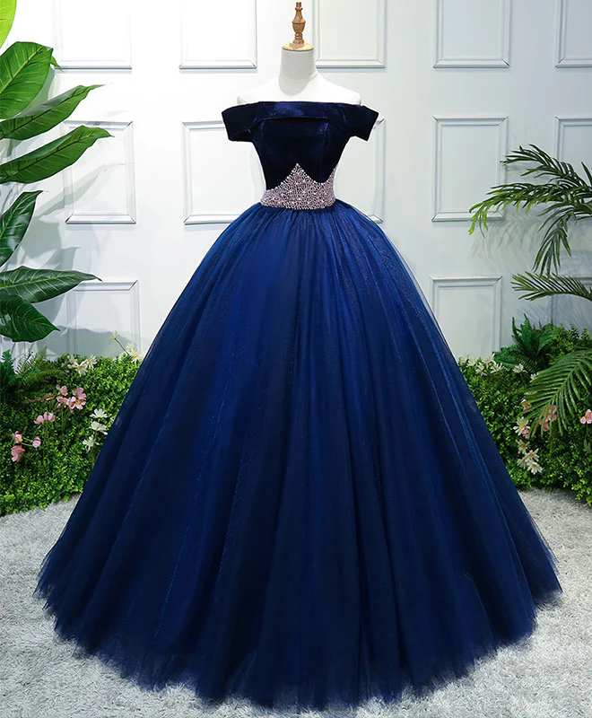 Dark Blue Tulle Off Shoulder Long Prom Dress, Blue Sweet 16 Dress - Deanwangkt