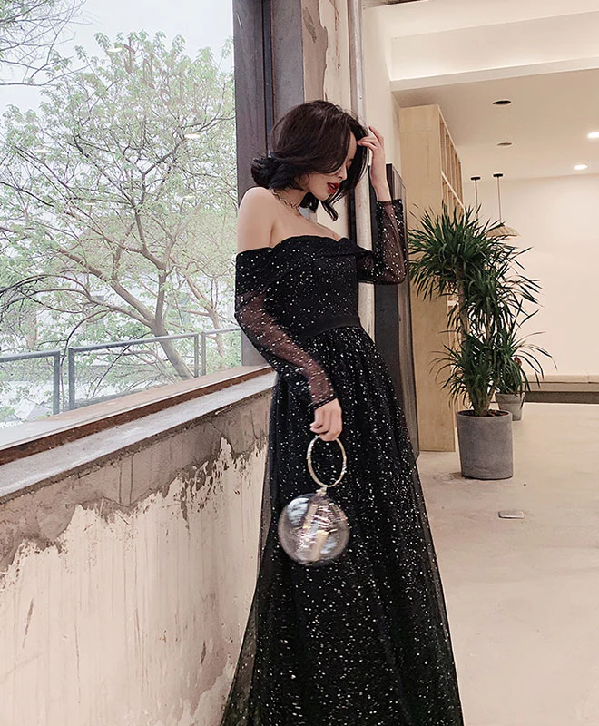 Black Tulle Long Prom Dress, Shiny Black Tulle Evening Dress - Deanwangkt