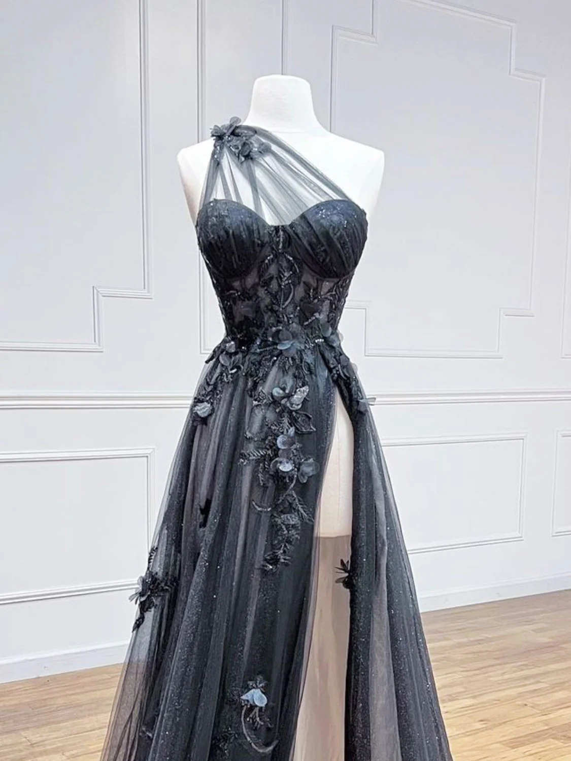 A-Line One Shoulder Tulle Black Long Prom Dress, Black Formal Evening Dress - Deanwangkt