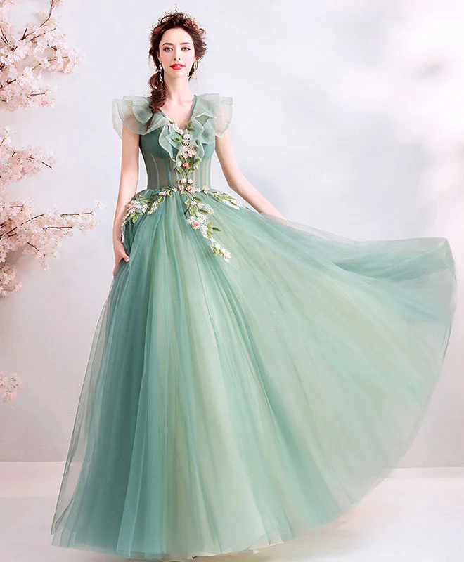 Green V Neck Tulle Lace Long Prom Dress, Green Evening Dress - Deanwangkt