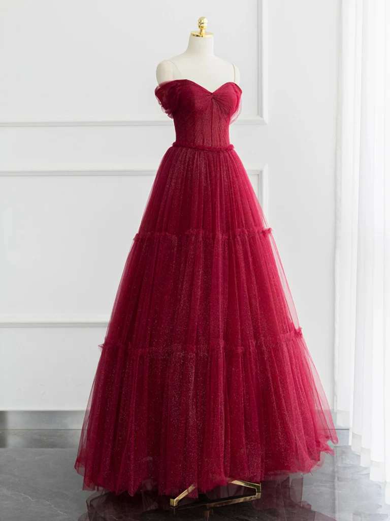 A-line Off Shoulder Tulle Shiny Burgundy Long Prom Dress, Burgundy Long Formal Dress - Deanwangkt