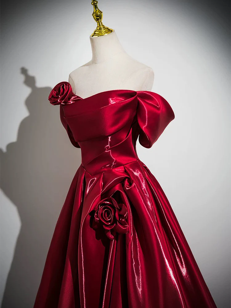 A-Line Off Shoulder Satin Burgundy Long Prom Dress, Burgundy Long Formal Dress - Deanwangkt