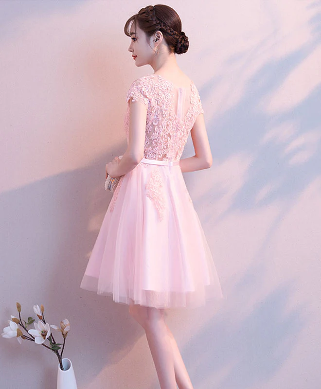 Pink Round Neck Tulle Lace Short Prom Dress Pink Homecoming Dress - Deanwangkt