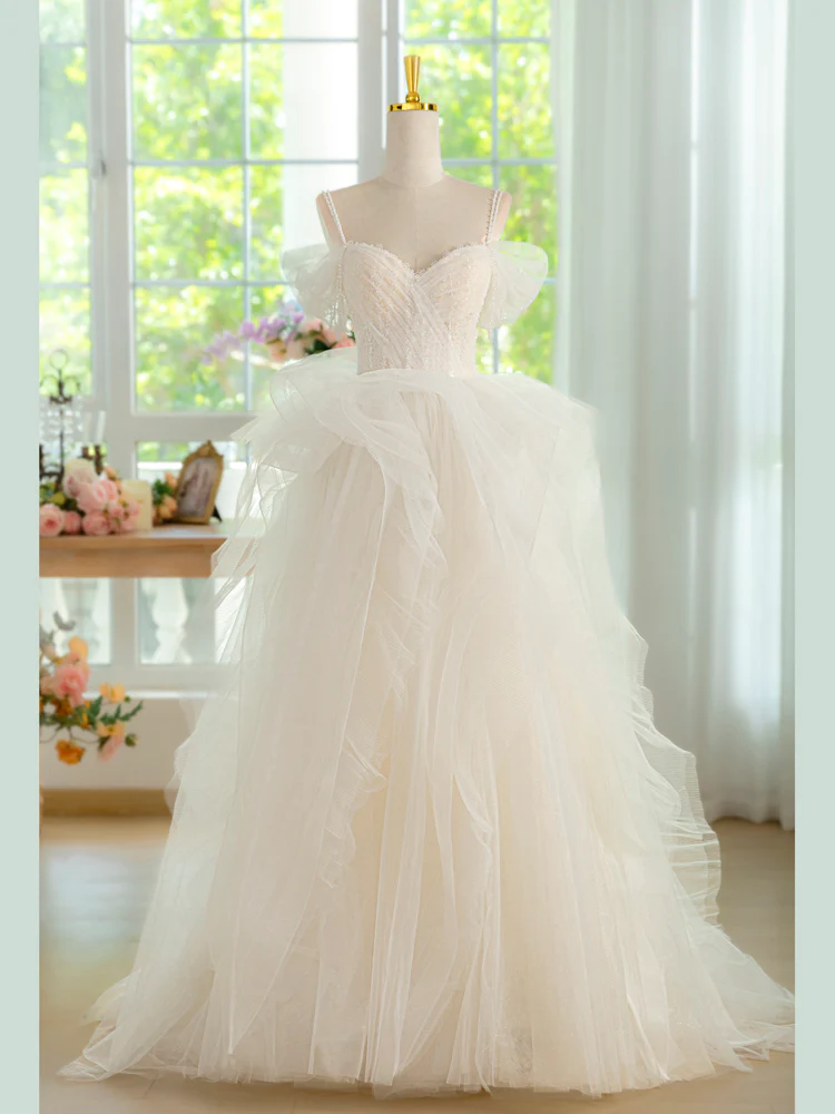 Sweetheart Neck Tulle Beads Light Champagne Long Prom Dress, Light Champagne Formal Dress - Deanwangkt