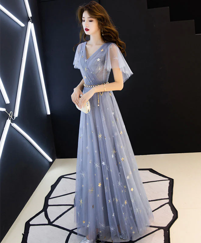 Blue Aline Tulle Long Prom Dress, Blue Tulle Bridesmaid Dress - Deanwangkt