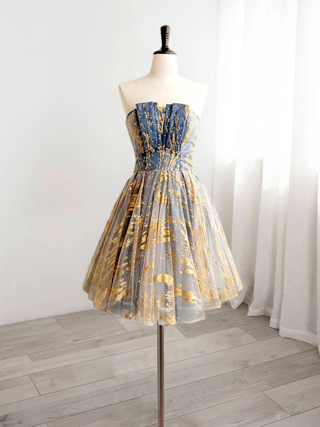 A-Line Gold/Blue Lace  Short Prom Dress, Cute Homecoming Dress with Beading - Deanwangkt