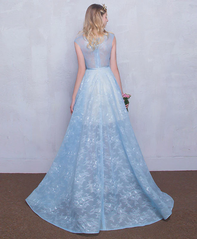 Blue Round Neck Lace Long Prom Dress, Blue Sweet 16 Dress - Deanwangkt