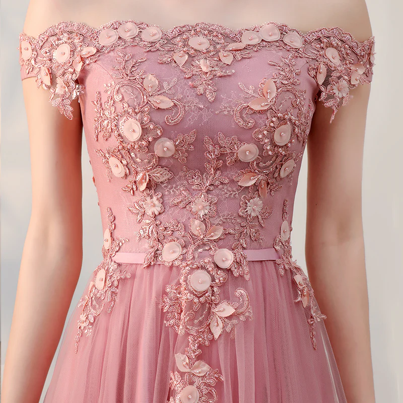 Pink Lace Tulle Short Prom Dress, Pink Evening Dresses - Deanwangkt