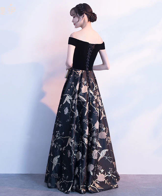 Black Off Shoulder Floral Pattern Long Prom Dress, Evening Dress - Deanwangkt