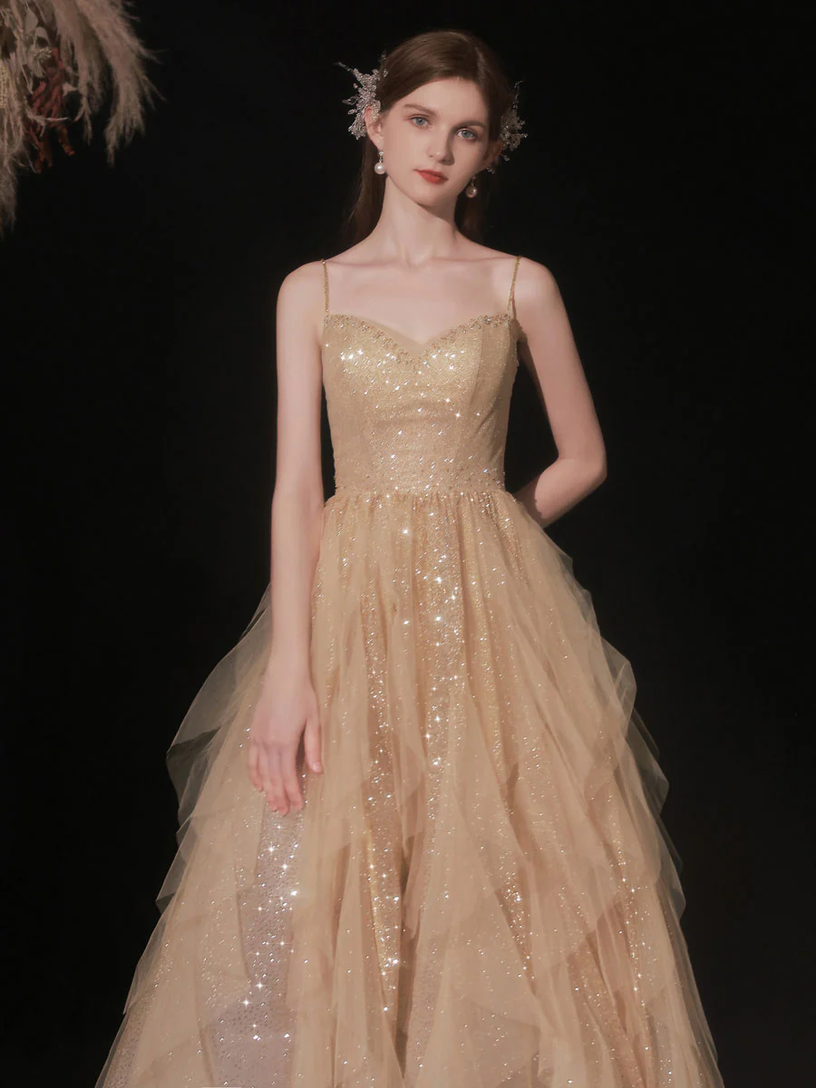 Champagne Tulle Sequin Long Prom Dress, Champagne Tulle Formal Dress - Deanwangkt