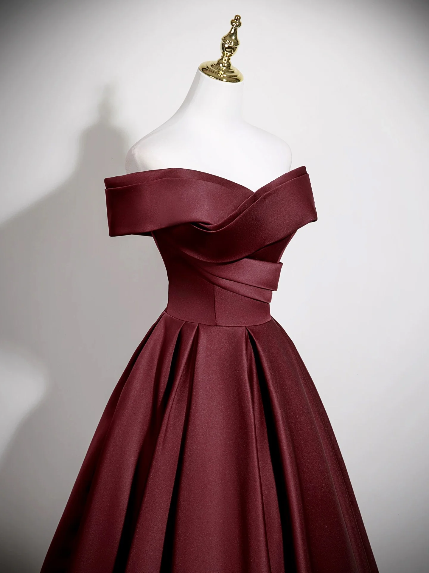 A-Line Off Shoulder Satin Burgundy Long Prom Dress, Burgundy Long Formal Dress - Deanwangkt