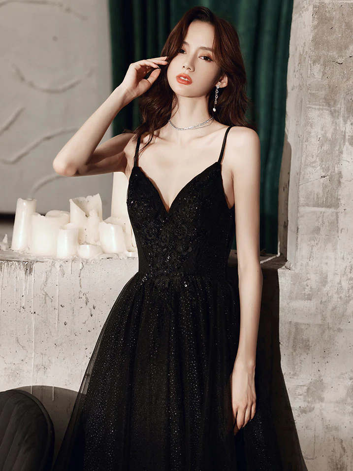 Black V Neck Tulle Lace Long Prom Dress Black Evening Dress - Deanwangkt