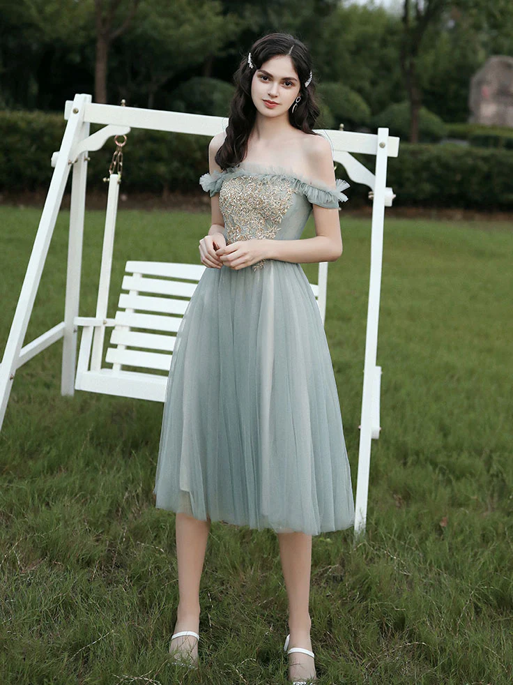 Gray Green Tulle Lace Short Prom Dresses, Gray Tulle Bridesmaid Dress - Deanwangkt