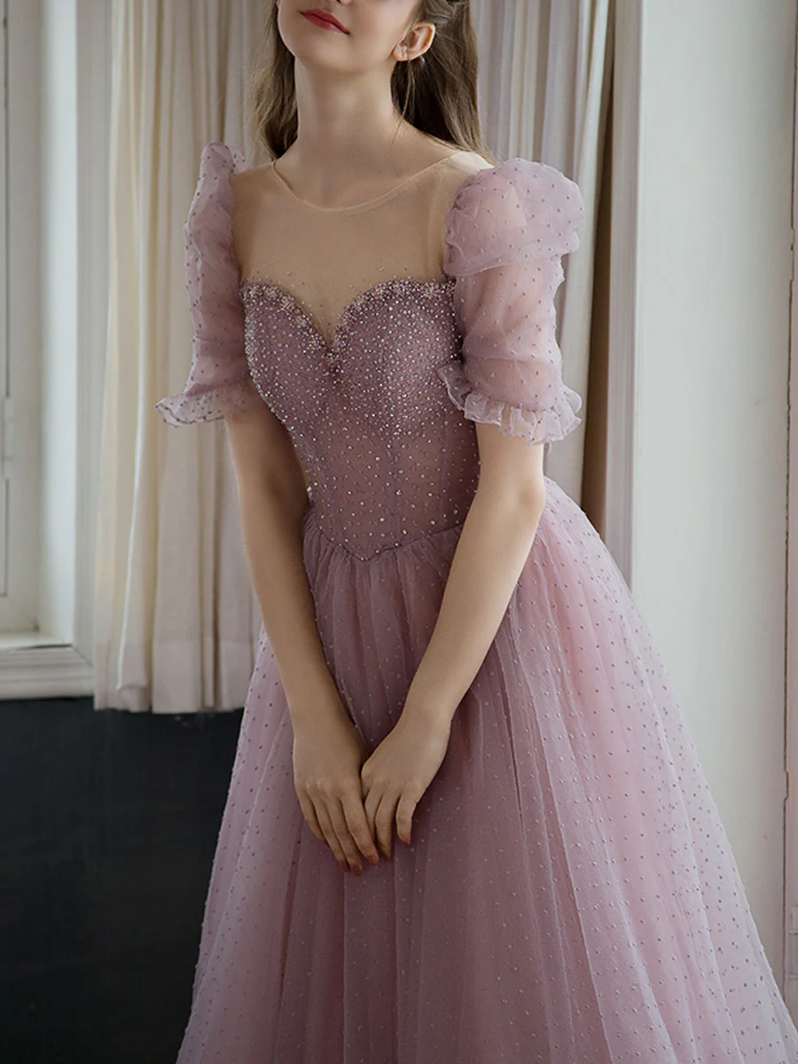 Sweetheart Tulle Beads Tea Length Pink Prom Dress, Tulle Homecoming Dress - Deanwangkt
