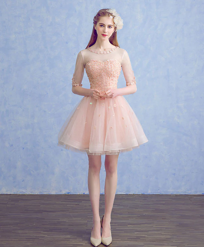 Cute Round Neck Tulle Applique Short Prom Dress, Pink Homecoming Dress - Deanwangkt