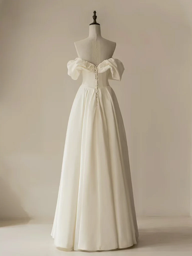 A-Line Off Shoulder Ivory Satin Long Prom Dress, ivory Long Formal Dress - Deanwangkt