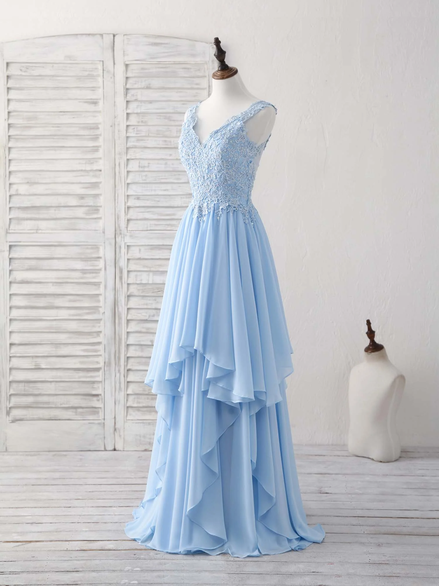Blue V Neck Applique Chiffon Long Prom Dress Lace Bridesmaid Dress - Deanwangkt